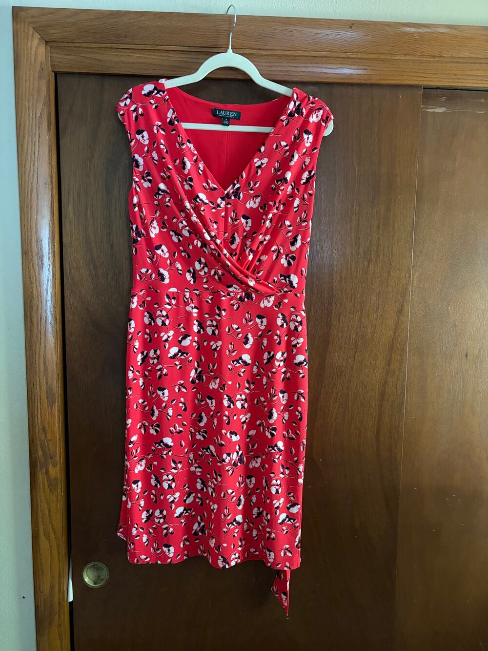 Lauren Ralph Lauren Red Floral Faux Wrap Sheath Dress Size 8 Career Party